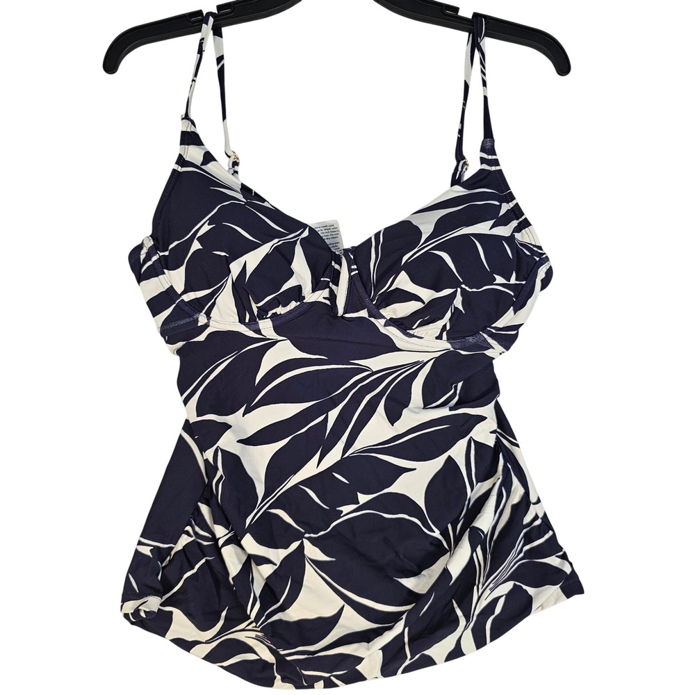 Anne Cole Navy White Tropical Leaf Print Tankini Top Underwire‎ ACSK200 Medium